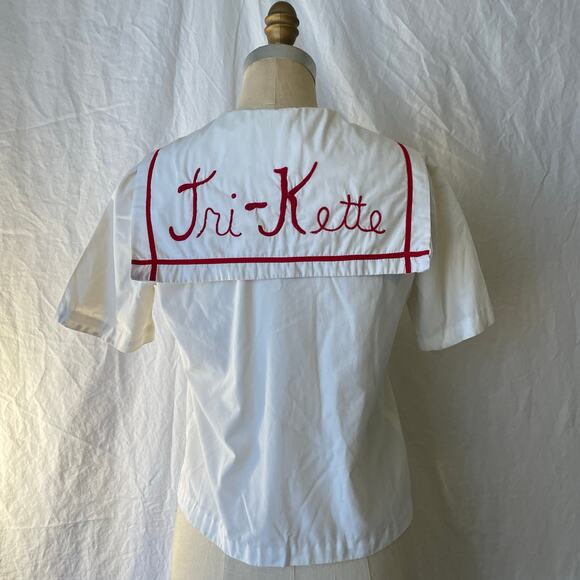 Vtg 60s Sailor Collar High School Club Embroidered Tri-Kette Uniform Cotton Top - Picture 3 of 9